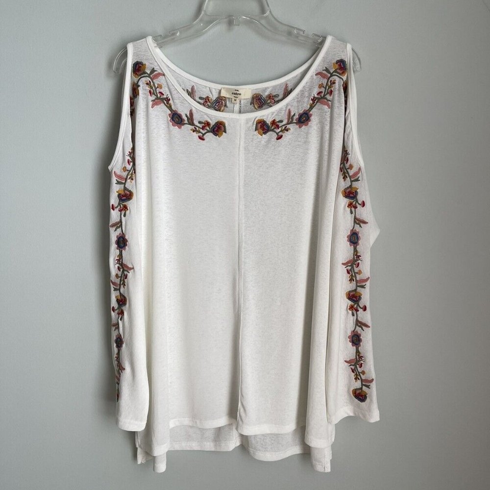 Entro White Embroidered Cold Shoulder Top Boho Oversized